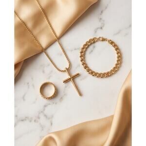 Brushed gold, 3 Piece Jewelry Set.  Necklace, Ring, Bracelet (Costume Jewelry)